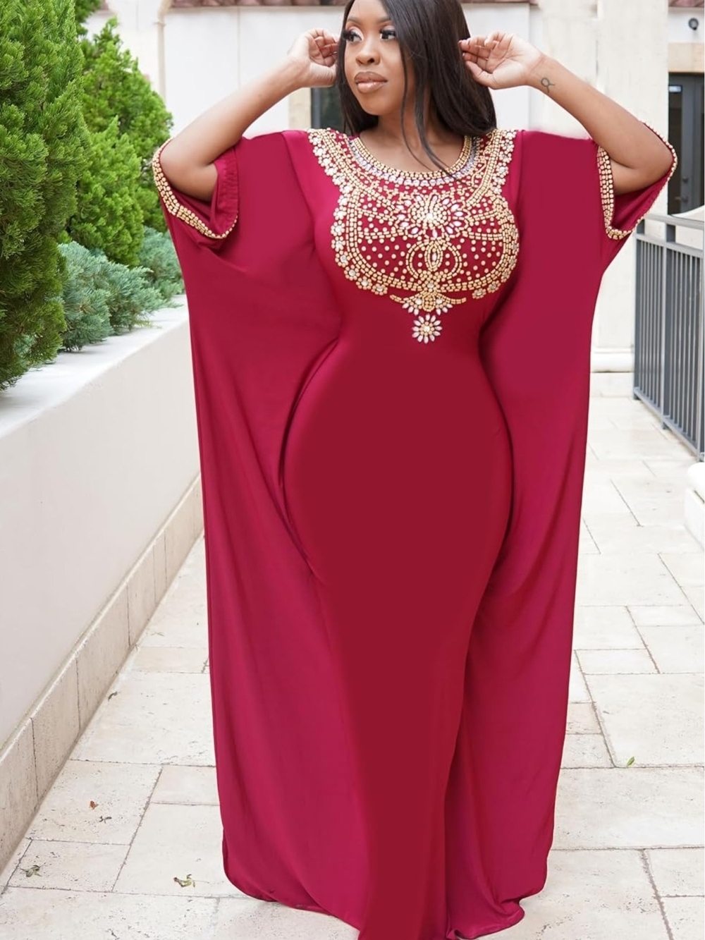 Women's Red Maxi Kaftan Dress with Gold Embellished Neckline